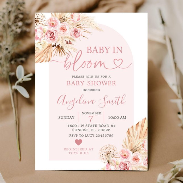 Boho Pink Floral Arch Baby in Bloom Baby Shower In Invitation (Creator Uploaded)