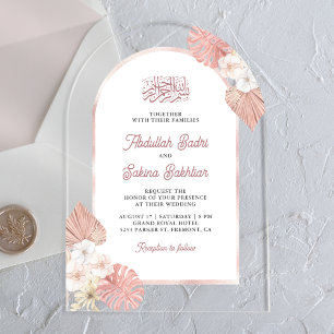 Boho Pink Floral Arch Muslim Wedding Acrylic Invitations