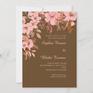 Boho Pink Floral Autumn Dark Brown Wedding Invitation