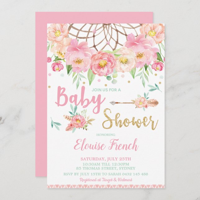 Boho Pink Floral Baby Shower Dream Catcher Girl Invitation (Front/Back)