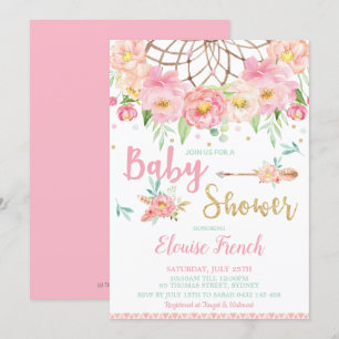 Boho Pink Floral Baby Shower Dream Catcher Girl Invitation