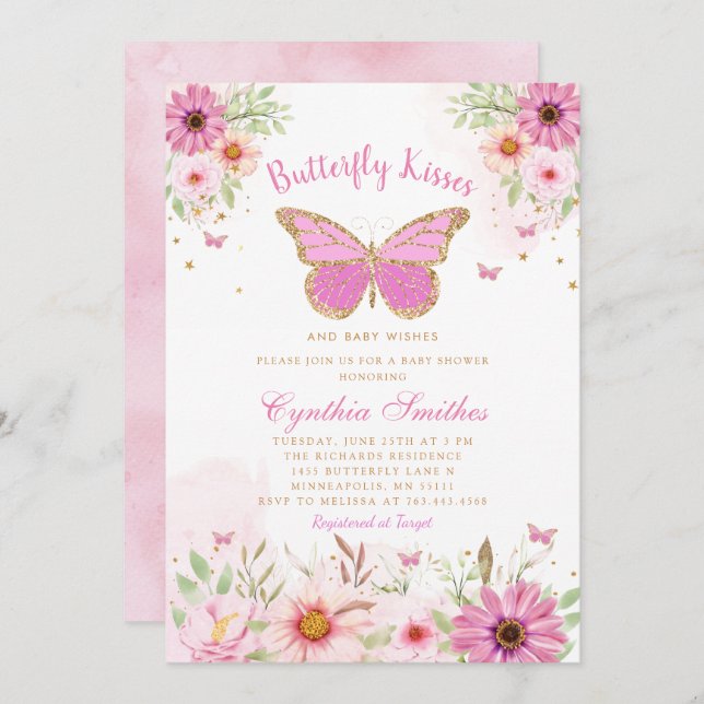 Boho Pink Floral Butterfly Kisses Girl Baby Shower Invitation (Front/Back)