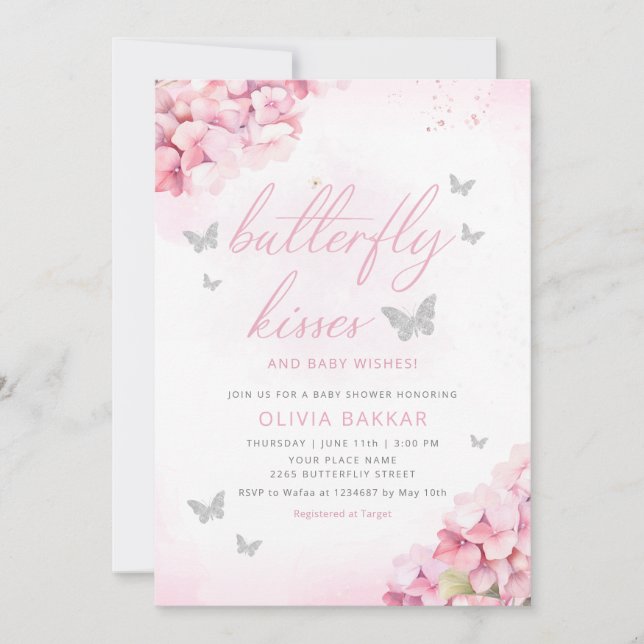 Boho Pink Floral Butterfly Kisses Girl Baby Shower Invitation (Front)