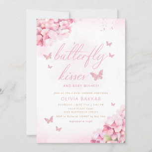 Boho Pink Floral Butterfly Kisses Girl Baby Shower Invitation