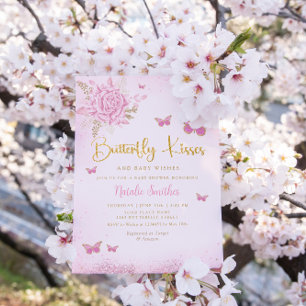 Boho Pink Floral Butterfly Kisses Girl Baby Shower Invitation