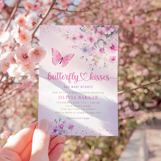 Boho Pink Floral Butterfly Kisses Girl Baby Shower Invitation (Creator Uploaded)