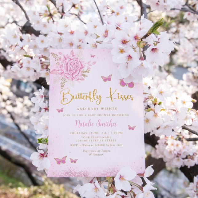 Boho Pink Floral Butterfly Kisses Girl Baby Shower Invitation (Creator Uploaded)