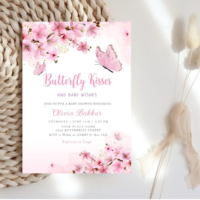 Boho Pink Floral Butterfly Kisses Girl Baby Shower Invitation (Creator Uploaded)