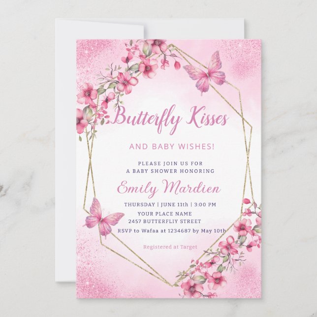 Boho pink Floral Butterfly Kisses Girl Baby Shower Invitation (Front)