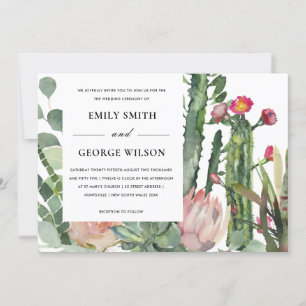 BOHO PINK FLORAL CACTI FAUNA WATERCOLOR WEDDING INVITATION