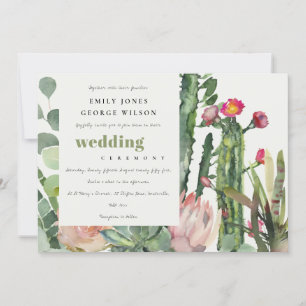BOHO PINK FLORAL CACTI FAUNA WATERCOLOR WEDDING INVITATION