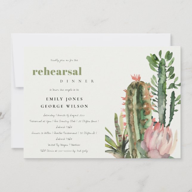 BOHO PINK FLORAL CACTI FOLIAGE REHEARSAL DINNER INVITATION (Front)
