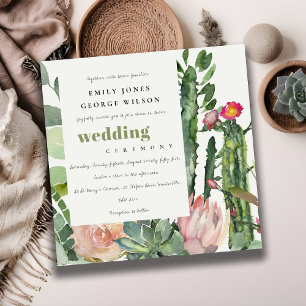 BOHO PINK FLORAL CACTI FOLIAGE WATERCOLOR WEDDING INVITATION