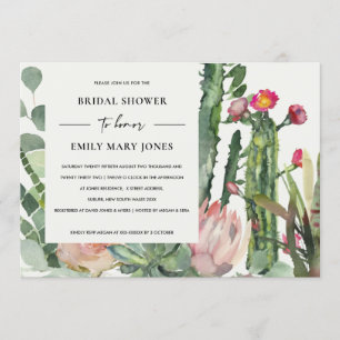 BOHO PINK FLORAL CACTUS FOLIAGE BRIDAL SHOWER INVITATION