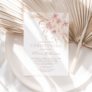 Boho Pink Floral Christening Baptism Invitation