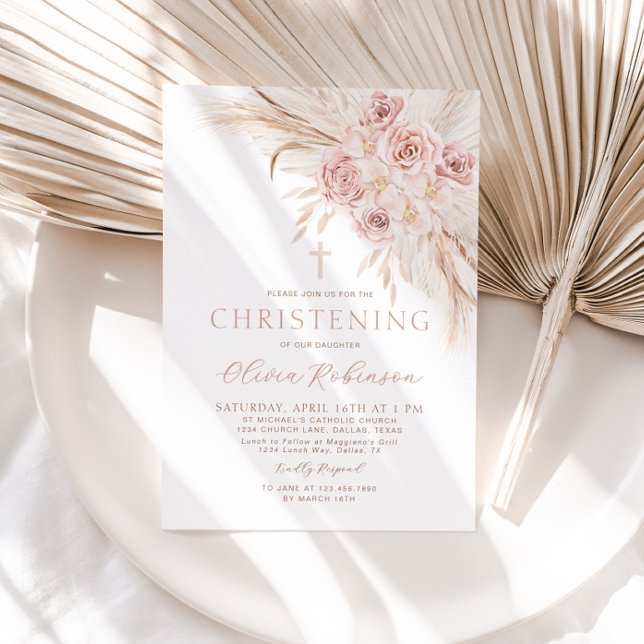 Boho Pink Floral Christening Baptism Invitation (Creator Uploaded)