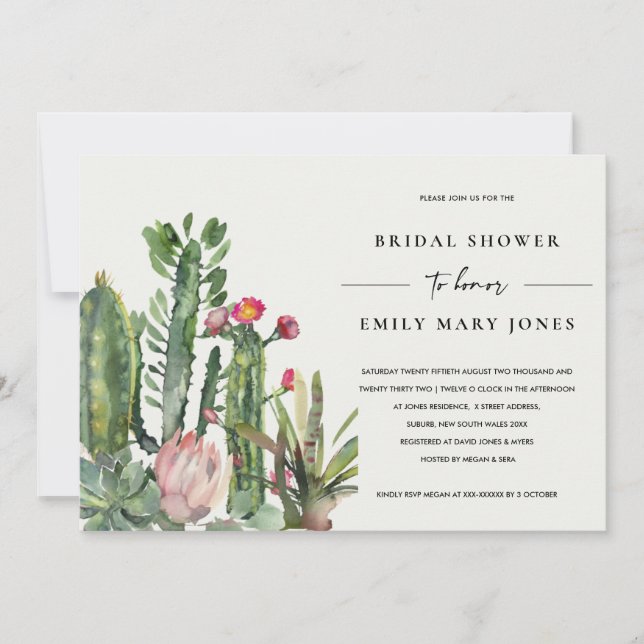 BOHO PINK FLORAL DESERT CACTI FAUNA BRIDAL SHOWER INVITATION (Front)