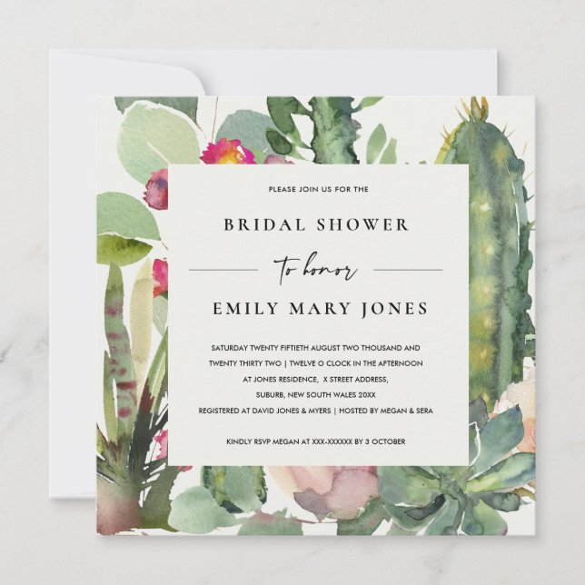 BOHO PINK FLORAL DESERT CACTI FAUNA BRIDAL SHOWER INVITATION (Front)