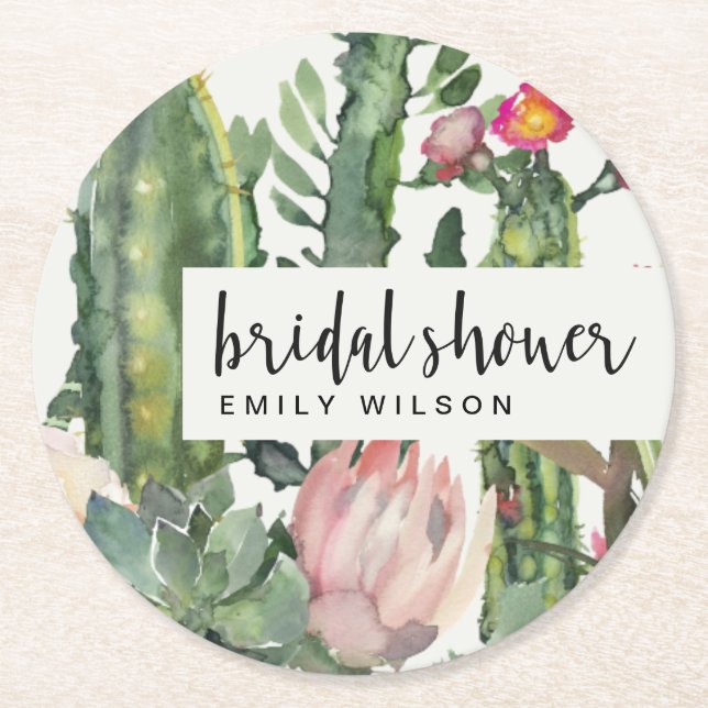 BOHO PINK FLORAL DESERT CACTI FAUNA BRIDAL SHOWER ROUND PAPER COASTER (Front)