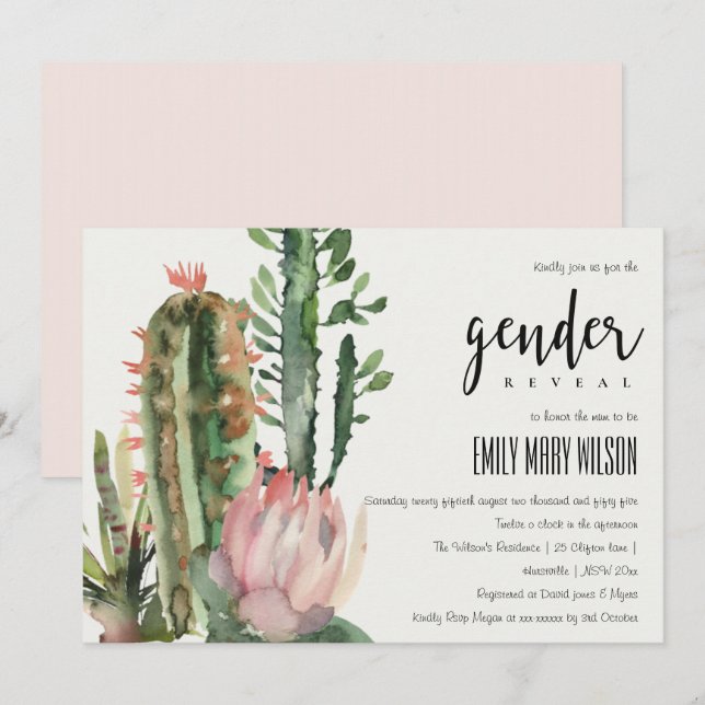 BOHO PINK FLORAL DESERT CACTI FAUNA GENDER REVEAL INVITATION (Front/Back)