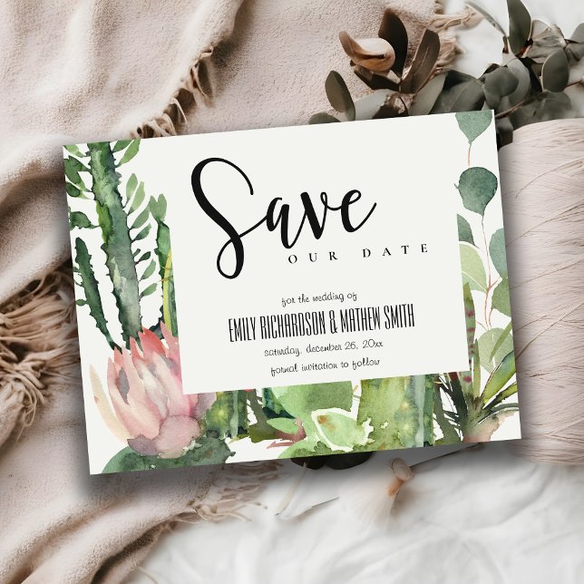 BOHO PINK FLORAL DESERT CACTI FAUNA SAVE THE DATE ANNOUNCEMENT POSTCARD (Creator Uploaded)