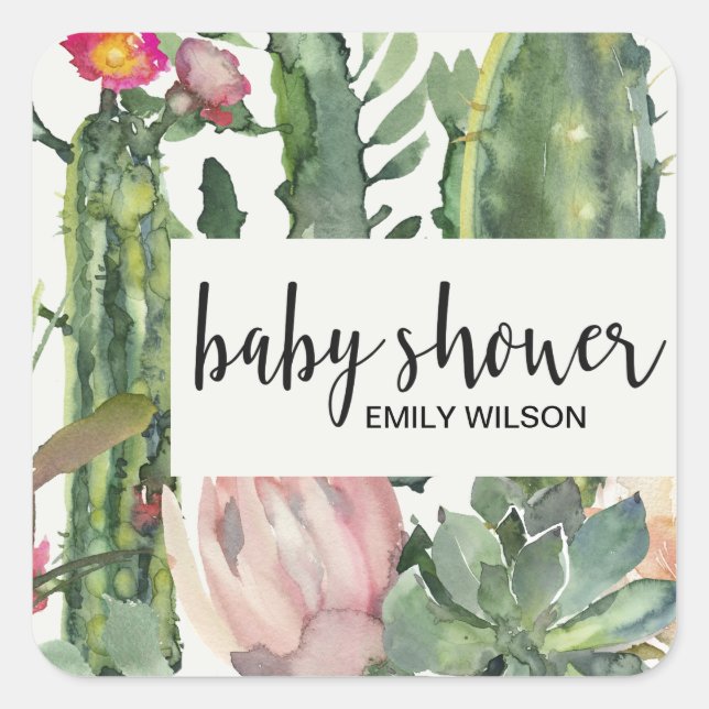 BOHO PINK FLORAL DESERT CACTI FOLIAGE BABY SHOWER SQUARE STICKER (Front)
