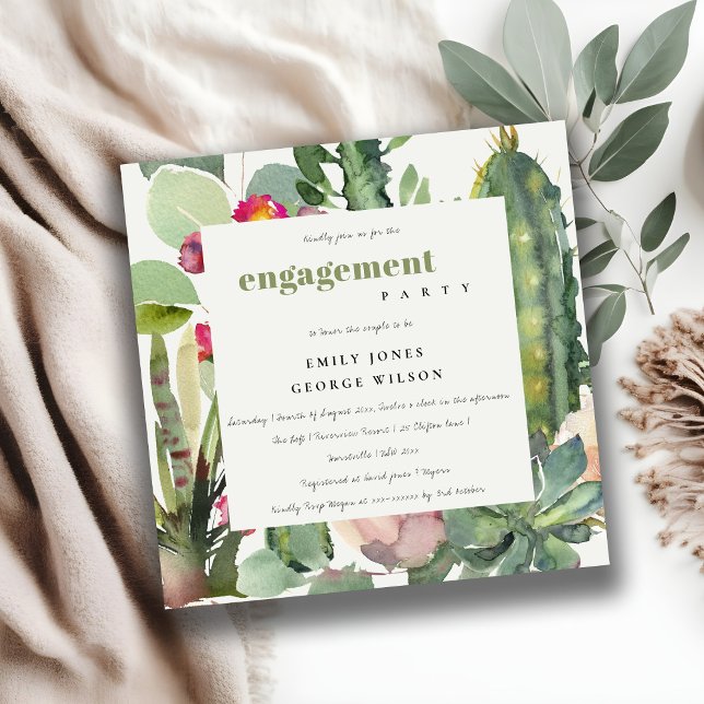 BOHO PINK FLORAL DESERT CACTI FOLIAGE ENGAGEMENT INVITATION (Creator Uploaded)