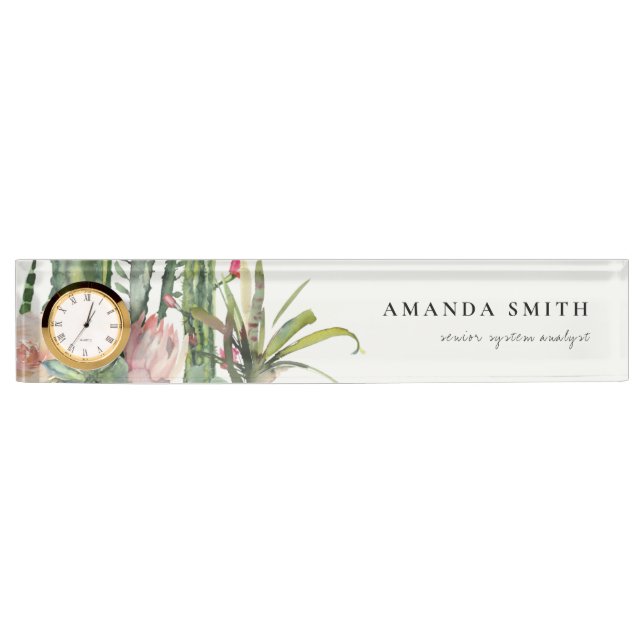 BOHO PINK FLORAL DESERT CACTI FOLIAGE WATERCOLOR NAMEPLATE (Front)