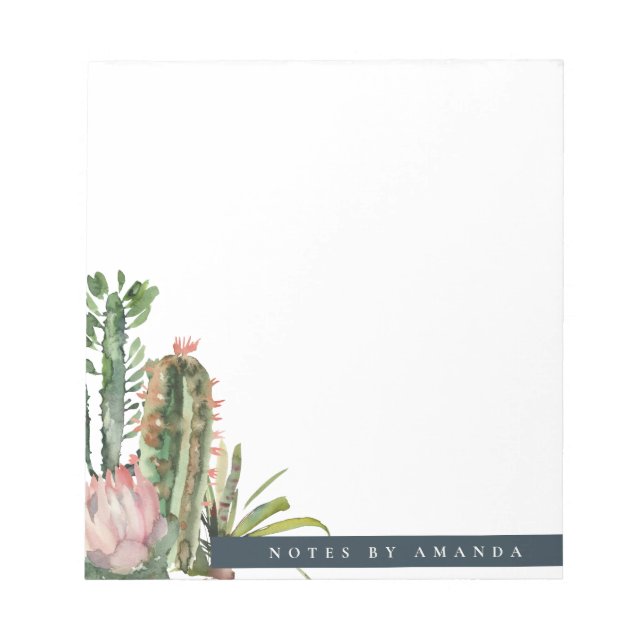 BOHO PINK FLORAL DESERT CACTI FOLIAGE WATERCOLOR NOTEPAD (Front)