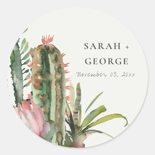 BOHO PINK FLORAL DESERT CACTI FOLIAGE WEDDING CLASSIC ROUND STICKER (Front)