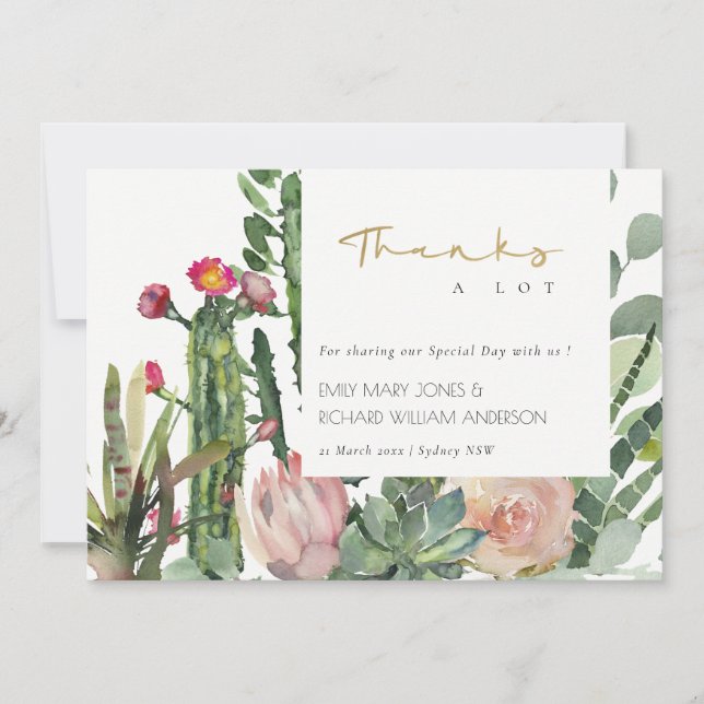 BOHO PINK FLORAL DESERT CACTI FOLIAGE WEDDING THANK YOU CARD (Front)