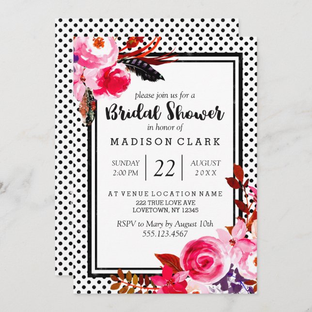 Boho Pink Floral & Dots Bridal Shower Invitation (Front/Back)