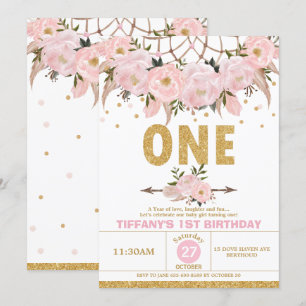 Boho Pink Floral Dream Catcher 1st Birthday Girl Invitation