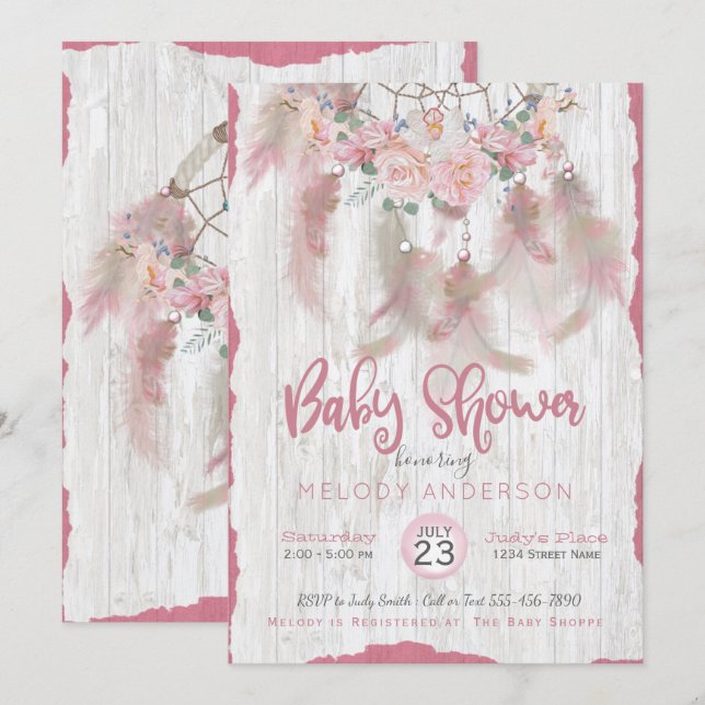 BOHO Pink  Floral  DreamCatcher Tribal Baby Shower Invitation (Front/Back)