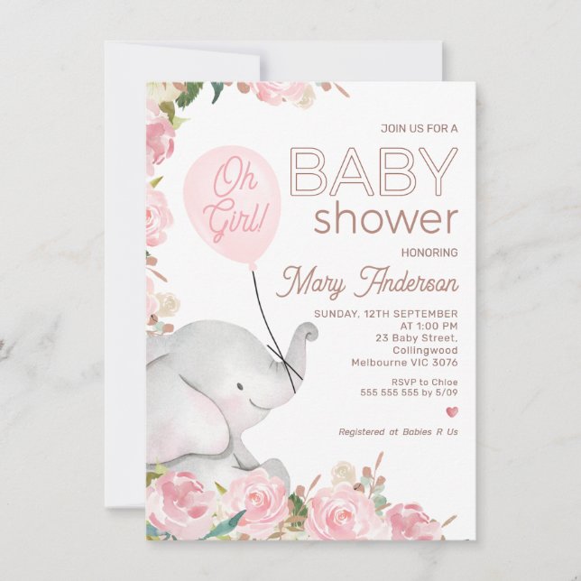 Boho Pink Floral Elephant Balloon Baby Shower Invitation (Front)