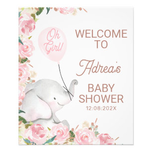 Boho Pink Floral Elephant Balloon Baby Shower Sign
