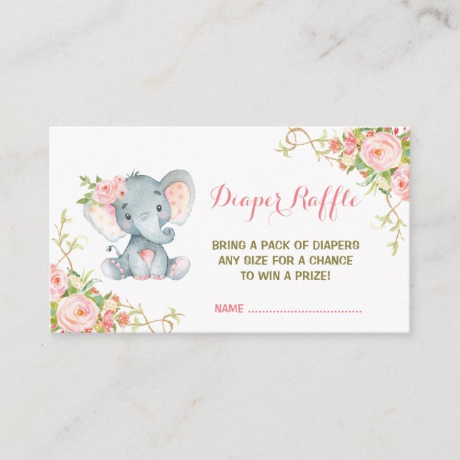 Boho Pink Floral Elephant Diaper Raffle Ticket Enclosure Card (Front)