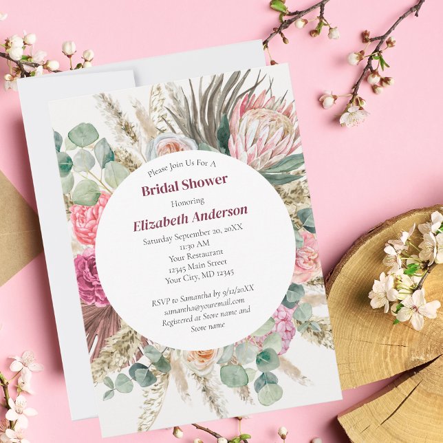 Boho Pink Floral Eucalyptus Greenery Bridal Shower Invitation (Creator Uploaded)
