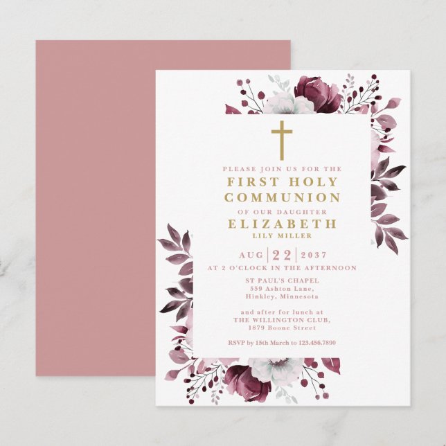 Boho Pink Floral First Holy Communion Invitation Postcard (Front/Back)