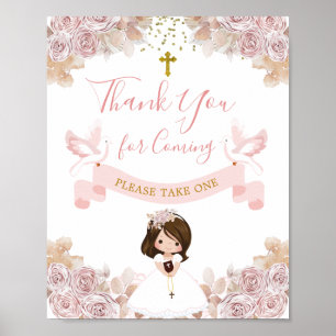 Boho Pink Floral Girl 1st Holy Communion Thank You Poster