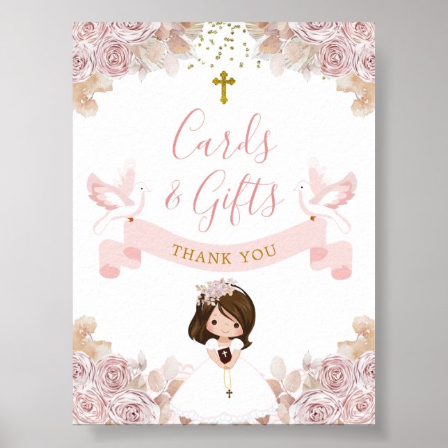 Boho Pink Floral Girl First Communion Cards & Gift Poster (Front)