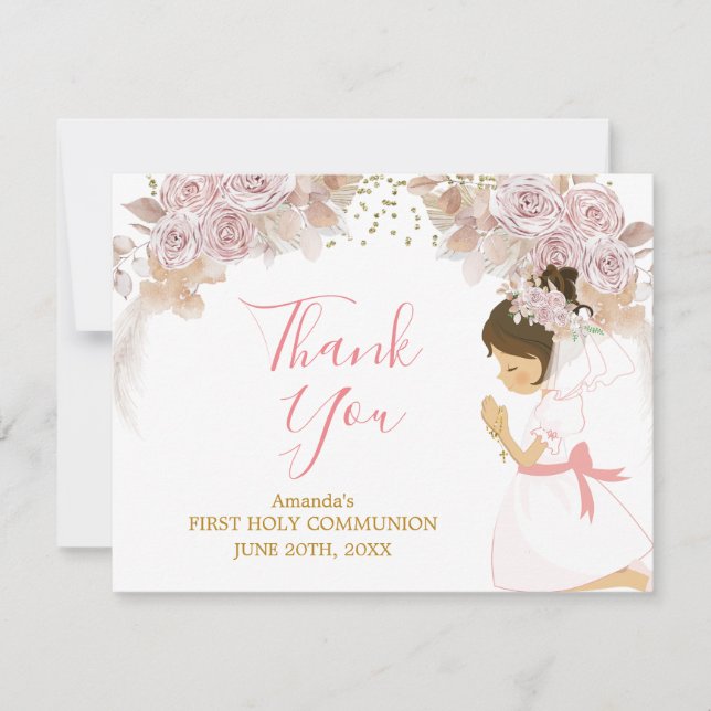 Boho Pink Floral Girl FIRST Holy Communion Cross Thank You Card (Front)