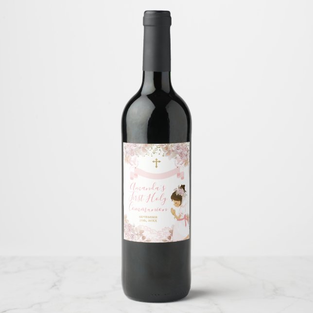 Boho Pink Floral Girl FIRST Holy Communion Cross Wine Label (Front)