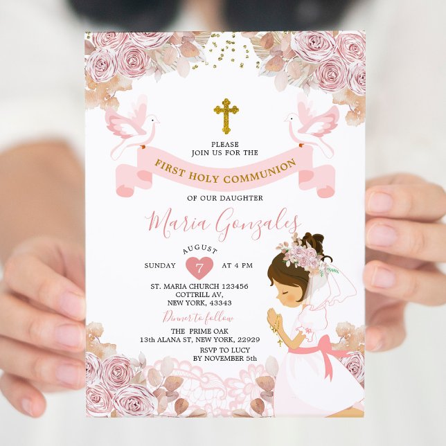 Boho Pink Floral Girl First Holy Communion Invitation (Creator Uploaded)