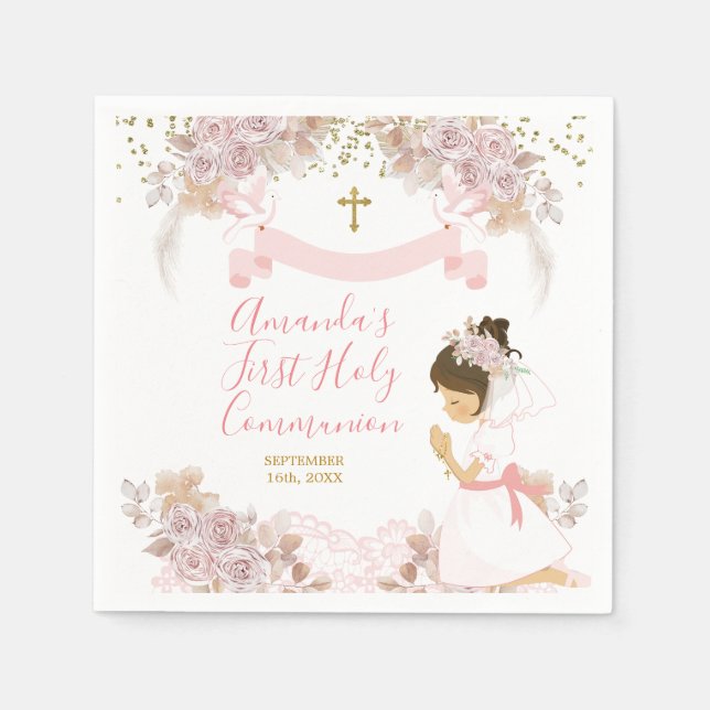 Boho Pink Floral Girl FIRST Holy Communion Napkin (Front)