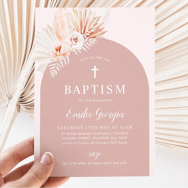 Boho Pink Floral Girls Baptism Christening Invitation (Pink Floral Baptism Invitation)