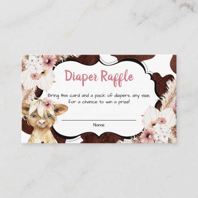 Boho Pink Floral Highland Cow Diaper Raffle Enclosure Card (Front)
