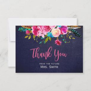 Boho Pink Floral Navy Bridal Shower Thank You Card