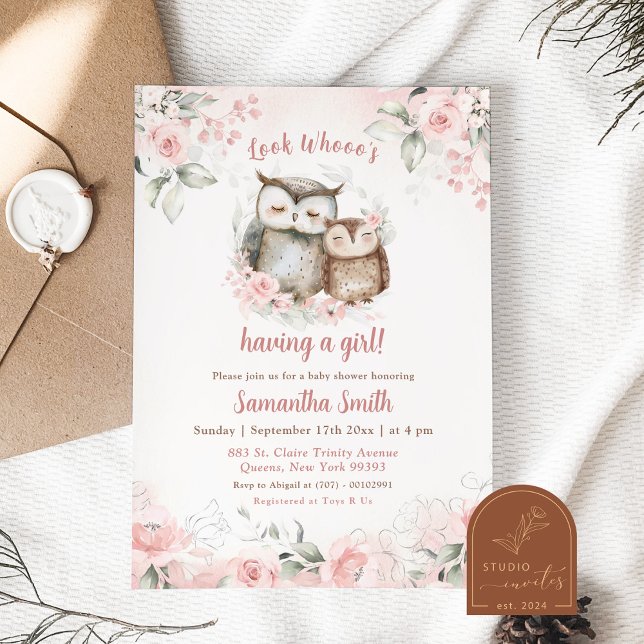 Boho Pink Floral Owl Baby Shower Invitation (Creator Uploaded)