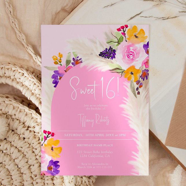 Boho pink floral pampas desert arch Sweet 16 Invitation (Boho pink floral pampas desert arch Sweet 16 Invitation)